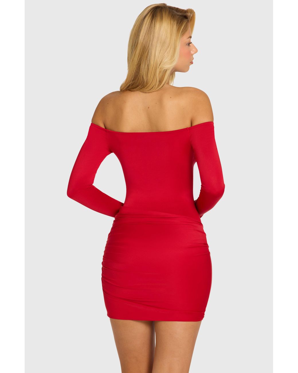 Oh Polly Red Off-Shoulder Long-Sleeve Mini Dress