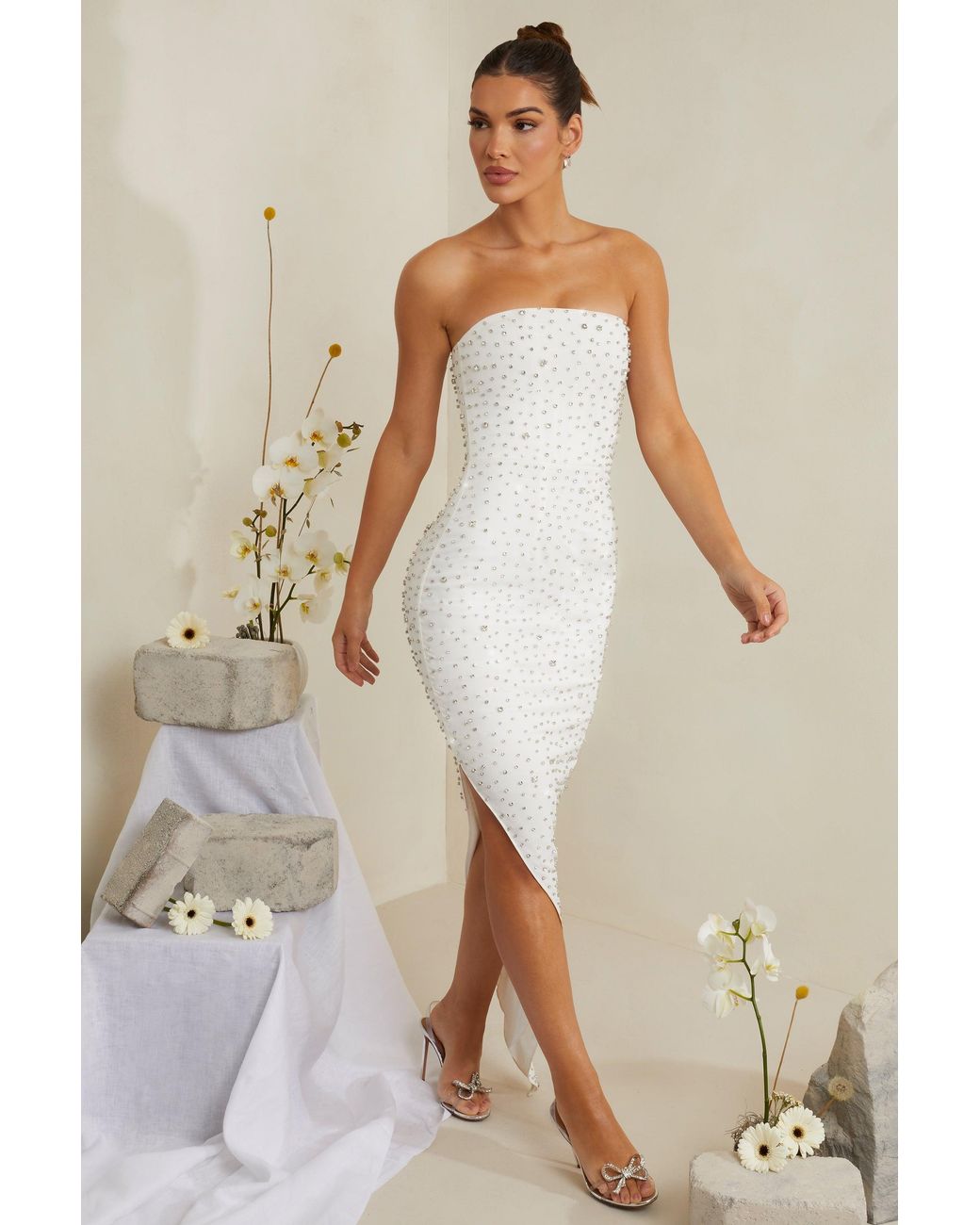 Oh Polly White Hand Embellished Asymmetric Midi Dress