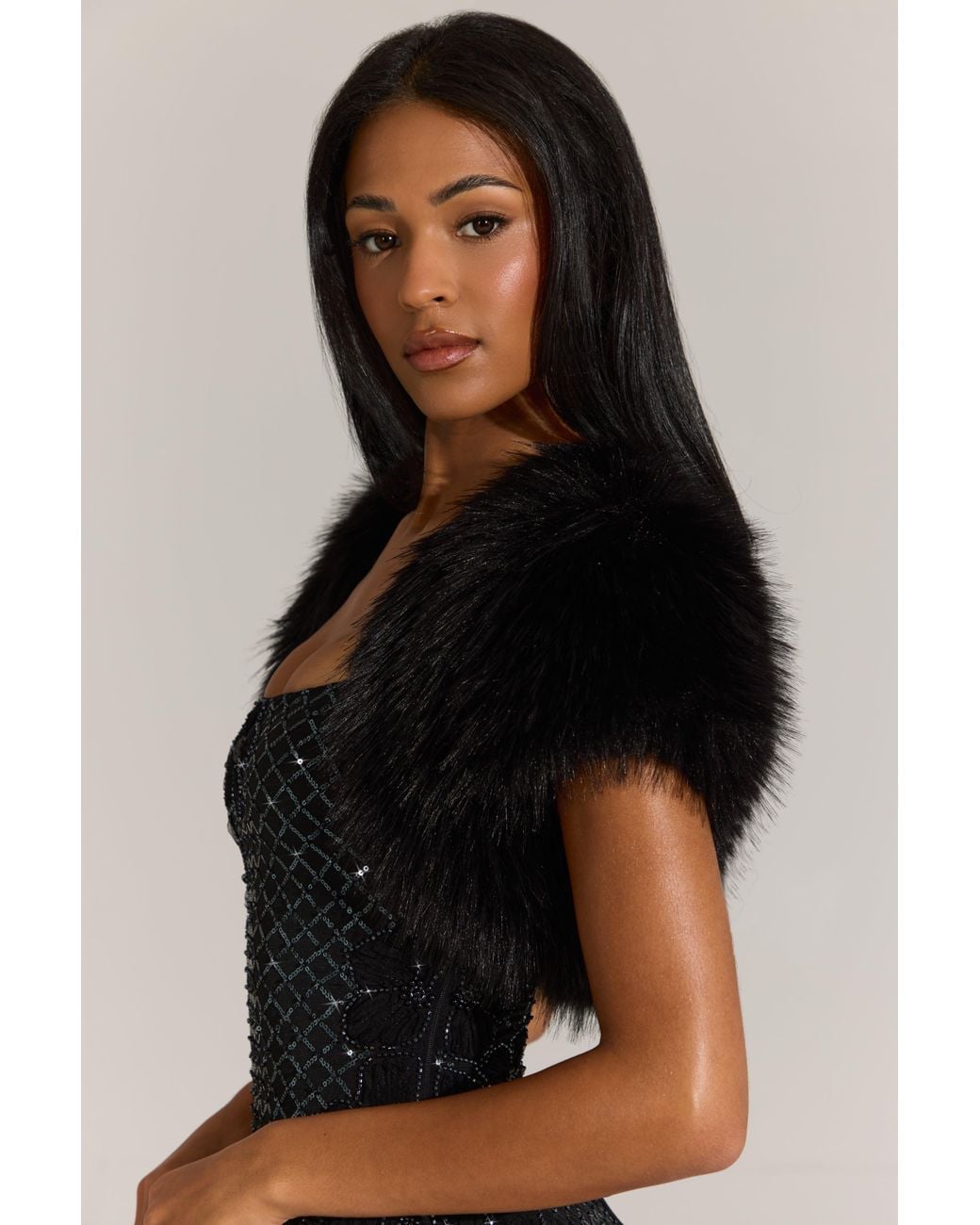Oh Polly Black Faux-Fur Short Sleeve Bolero