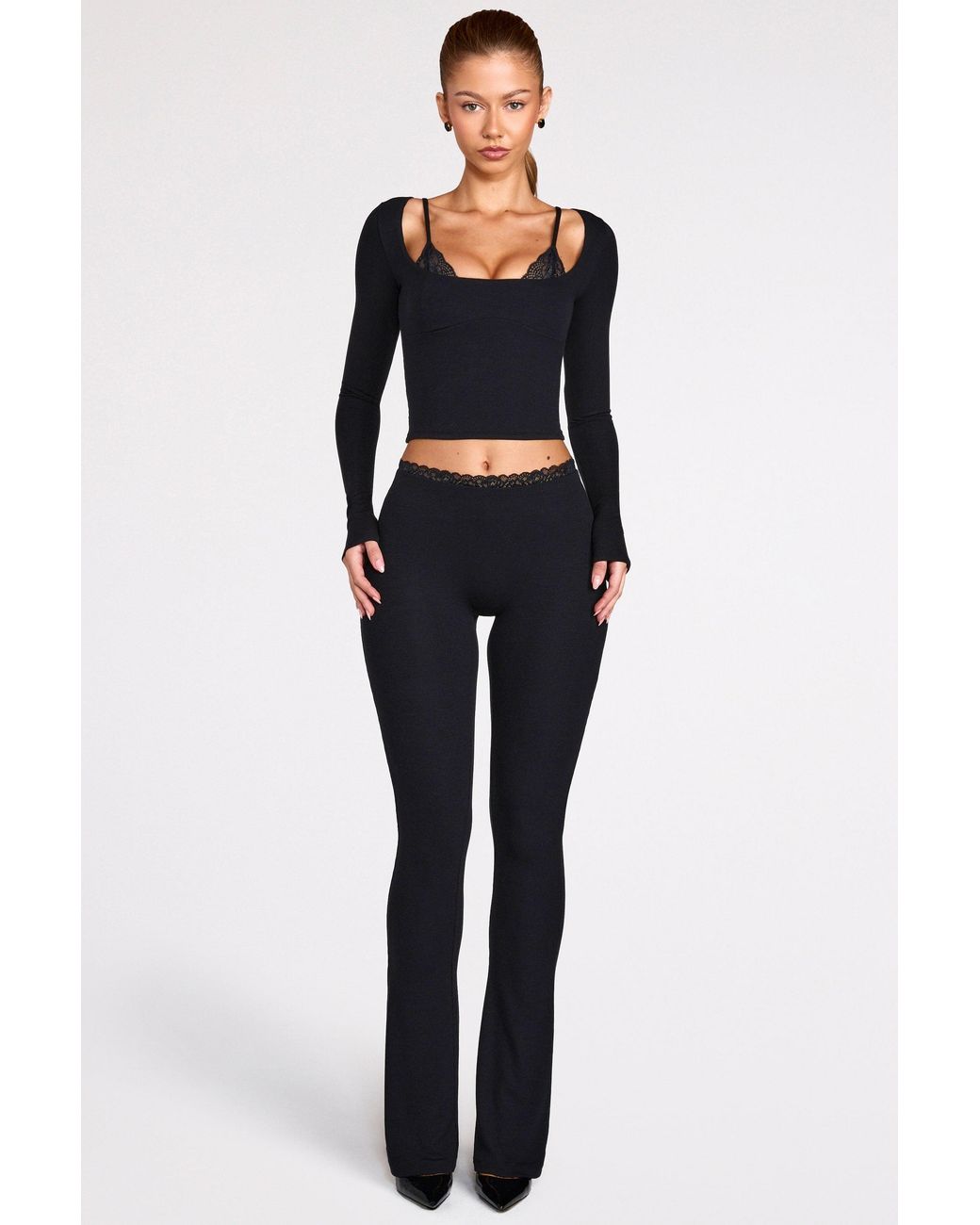 Oh Polly Black Modal Mid-Rise Flared Trousers