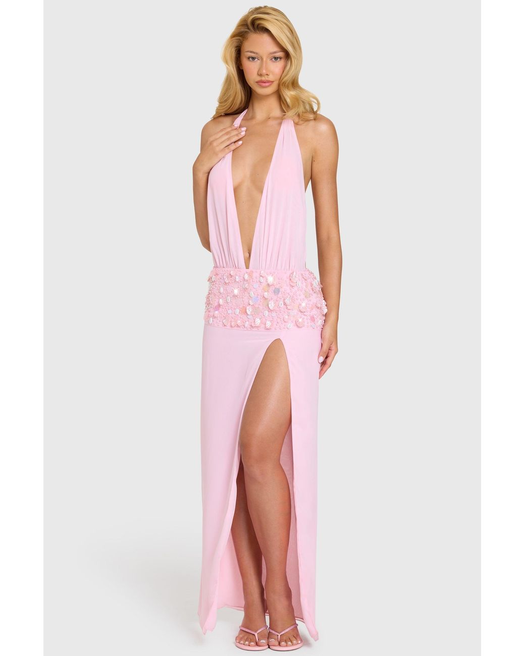 Oh Polly Pink Embellished Waist Maxi Dress