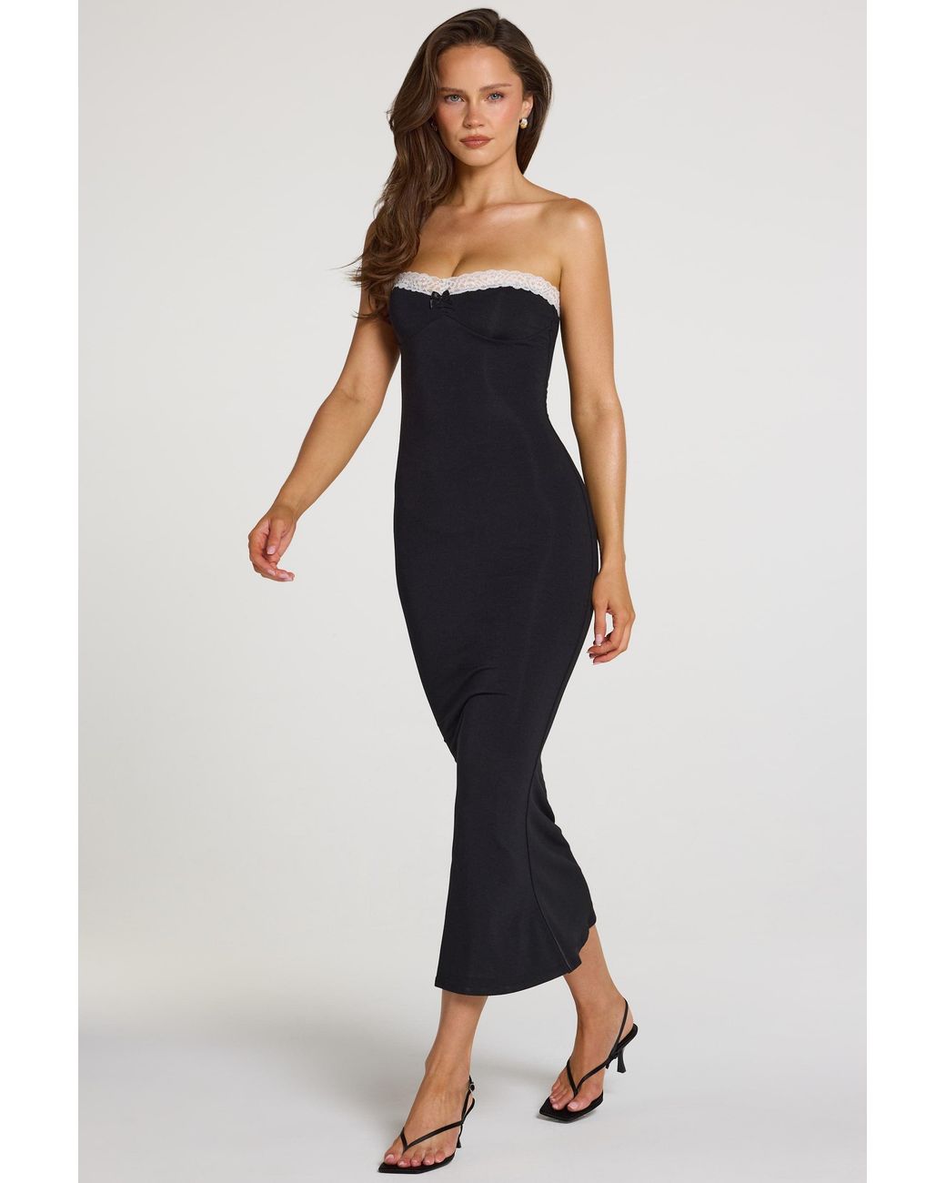 Oh Polly Black Modal Lace-Trim Midaxi Dress