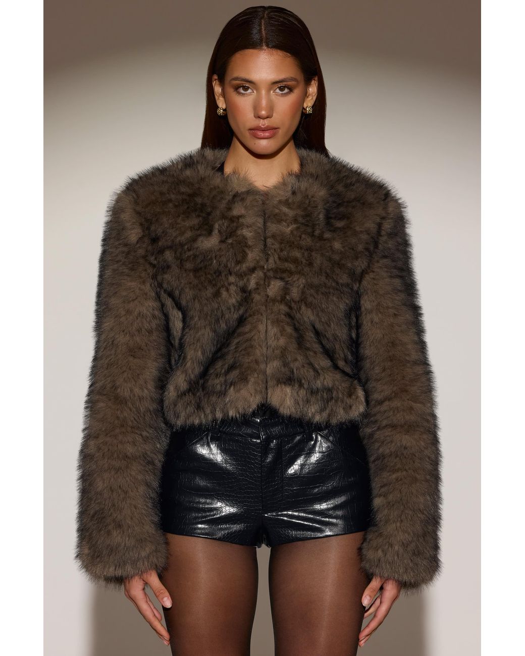 Oh Polly Brown Cropped Faux-Fur Jacket