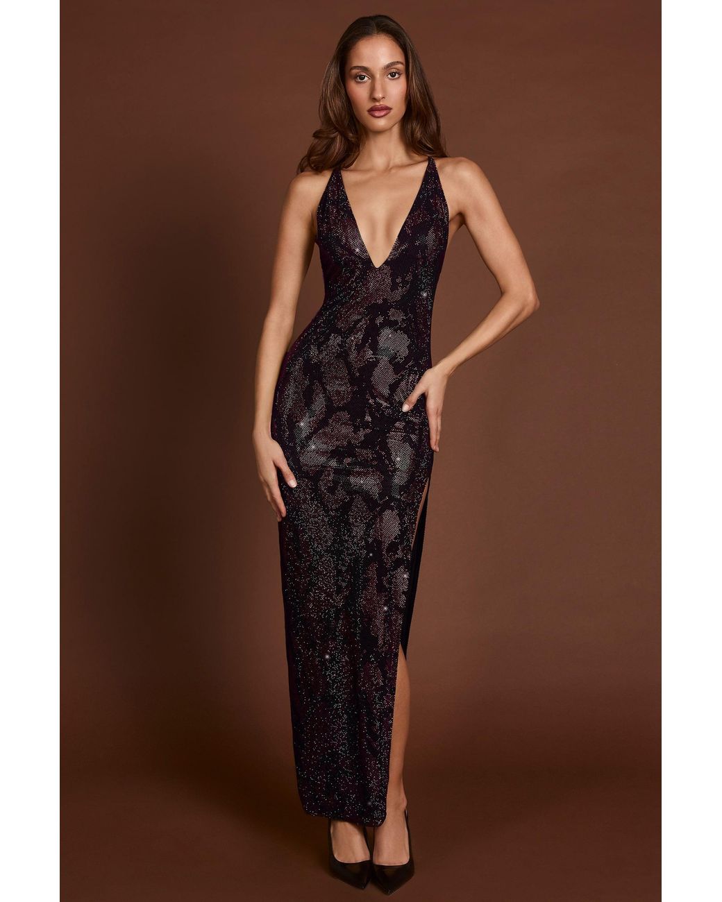 Oh Polly Purple Embellished Halterneck Maxi Dress