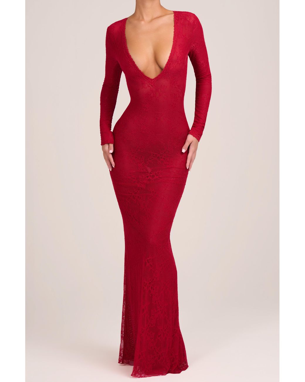 Oh Polly Red Lace Long-Sleeve Maxi Dress