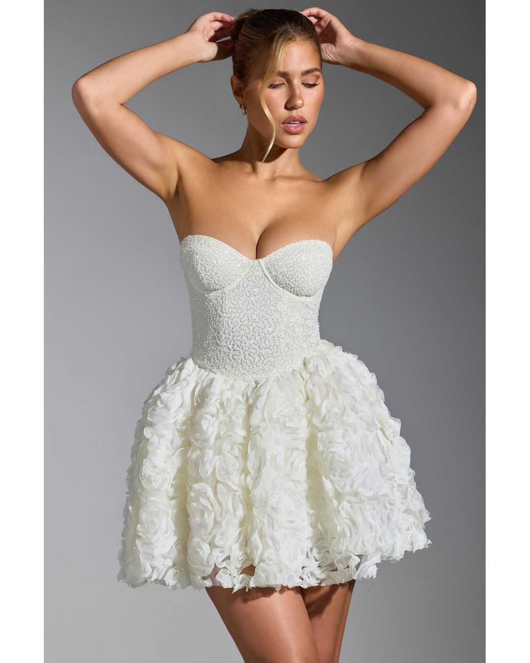 Oh Polly White Embellished Floral-Appliqué Lace-Up Mini Dress