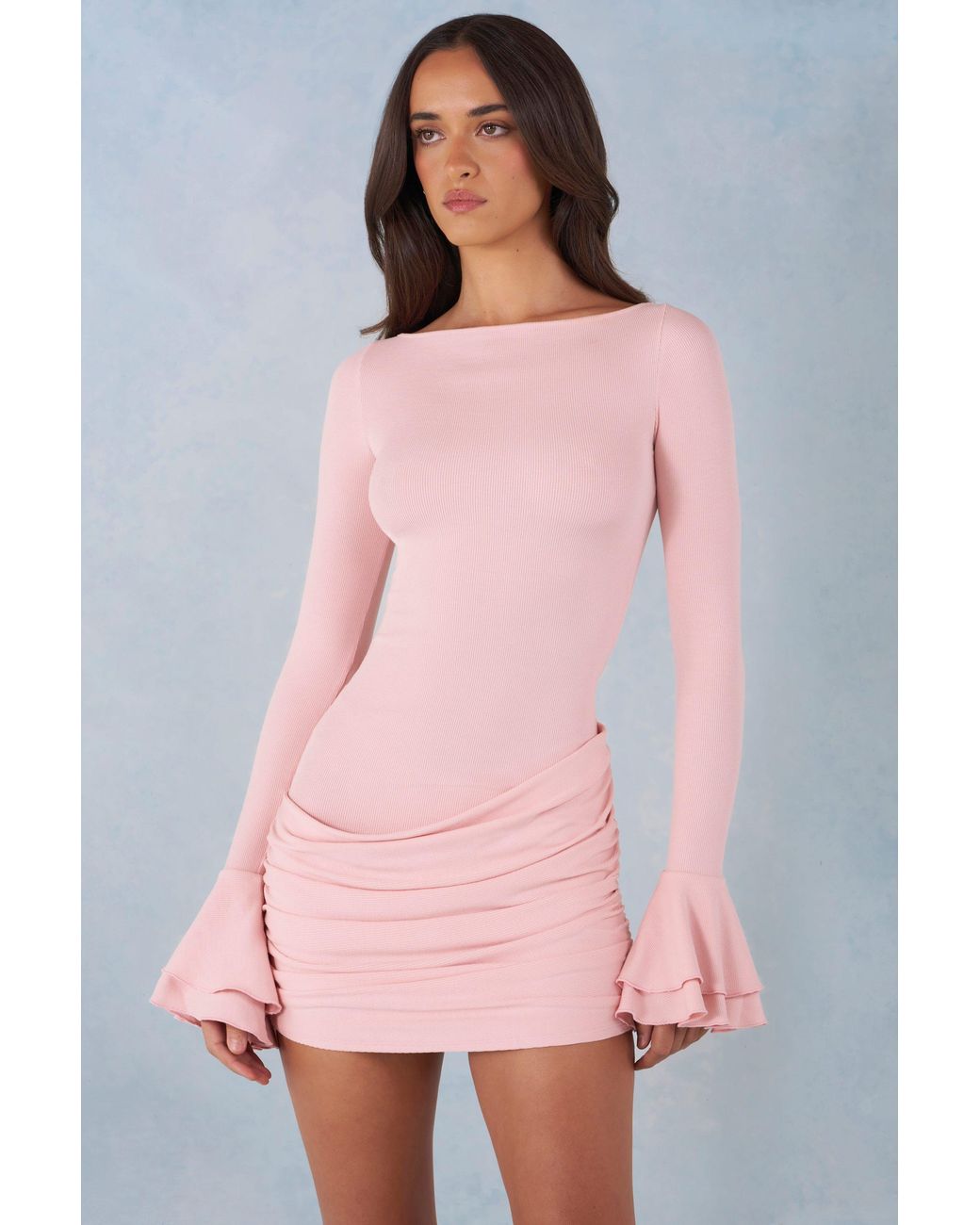 Oh Polly Pink Ribbed Modal Long-Sleeve Draped Mini Dress