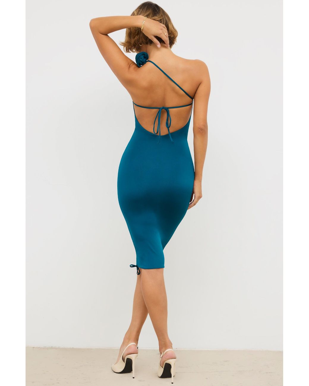 Oh Polly Green Slinky Jersey Rose Detail Ruched Mini/Midi Dress