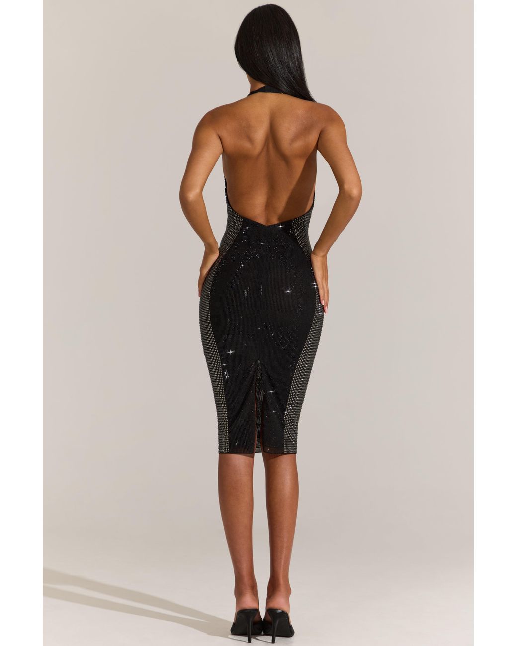 Oh Polly Black Embellished Plunge Halterneck Midi Dress
