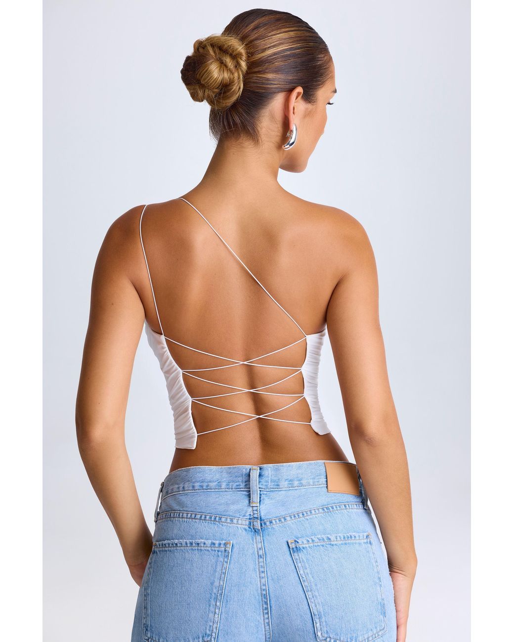 Oh Polly White One-Shoulder Lace-Up Top