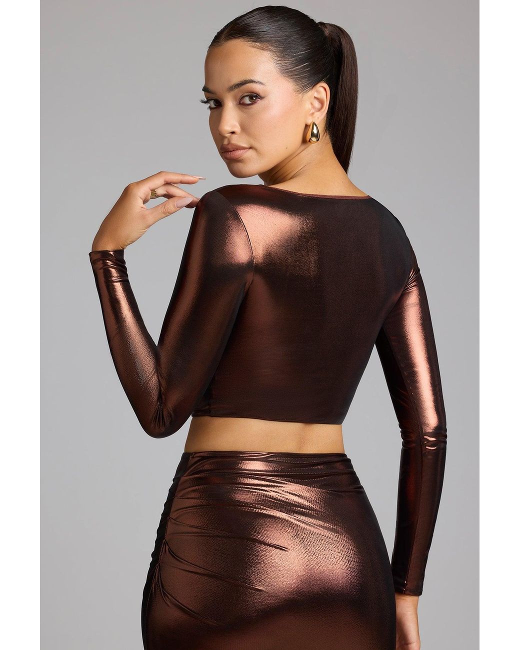 Oh Polly Metallic Plunge Neck Jersey Crop Top