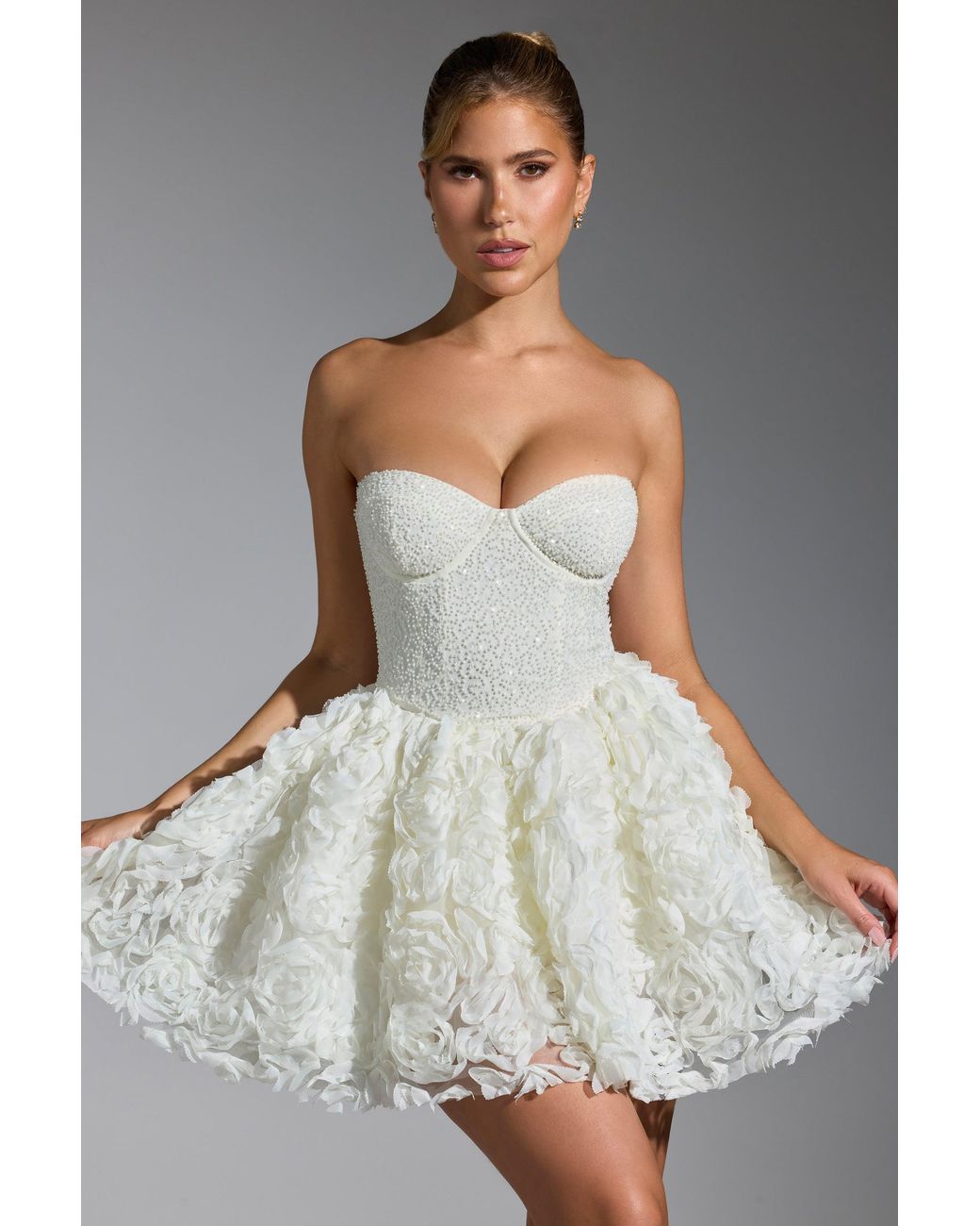 Oh Polly White Embellished Floral-Appliqué Lace-Up Mini Dress