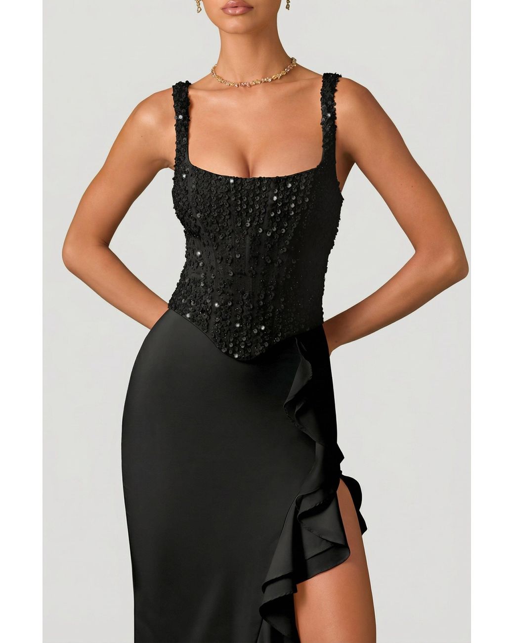 Oh Polly Black Embellished Ruffle-Trim Corset Gown