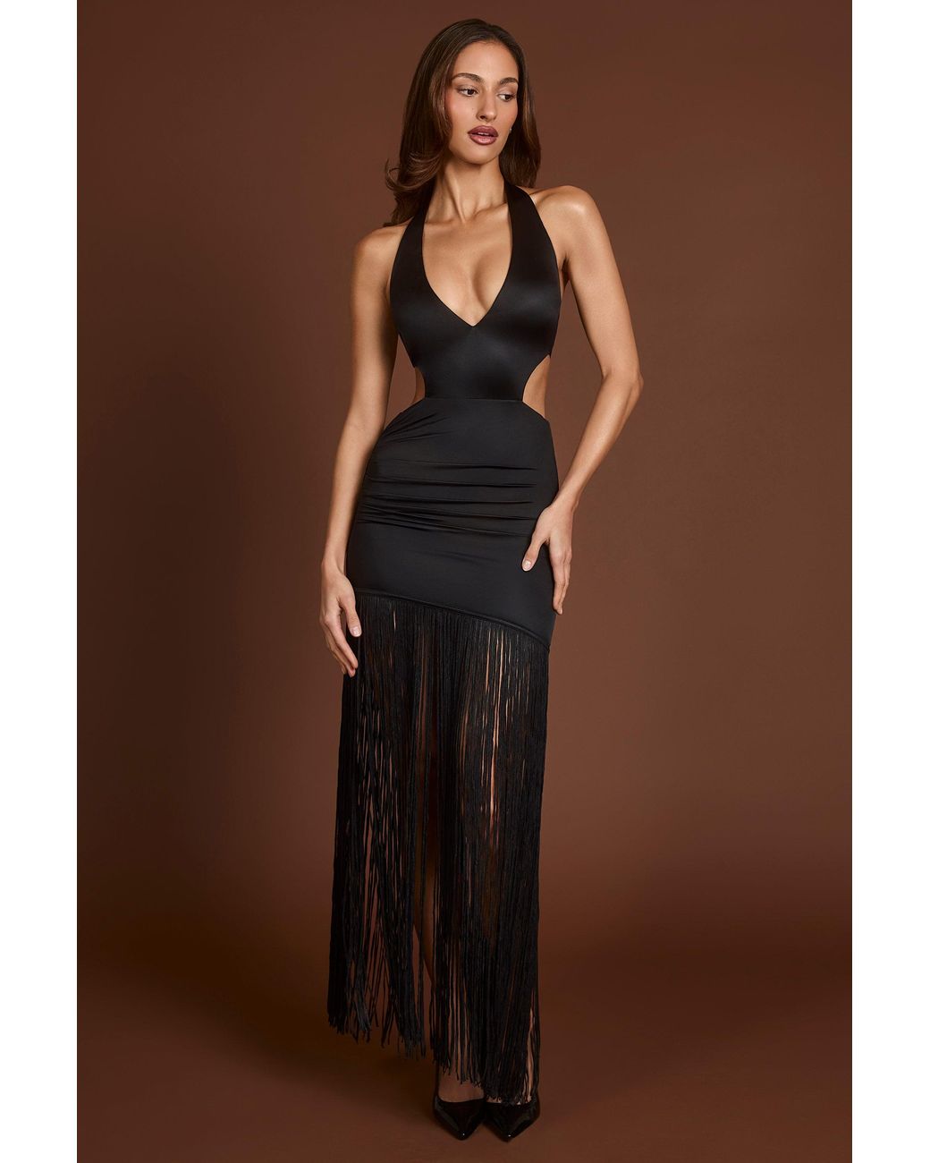 Oh Polly Black Fringed Plunge-Neck Maxi Dress