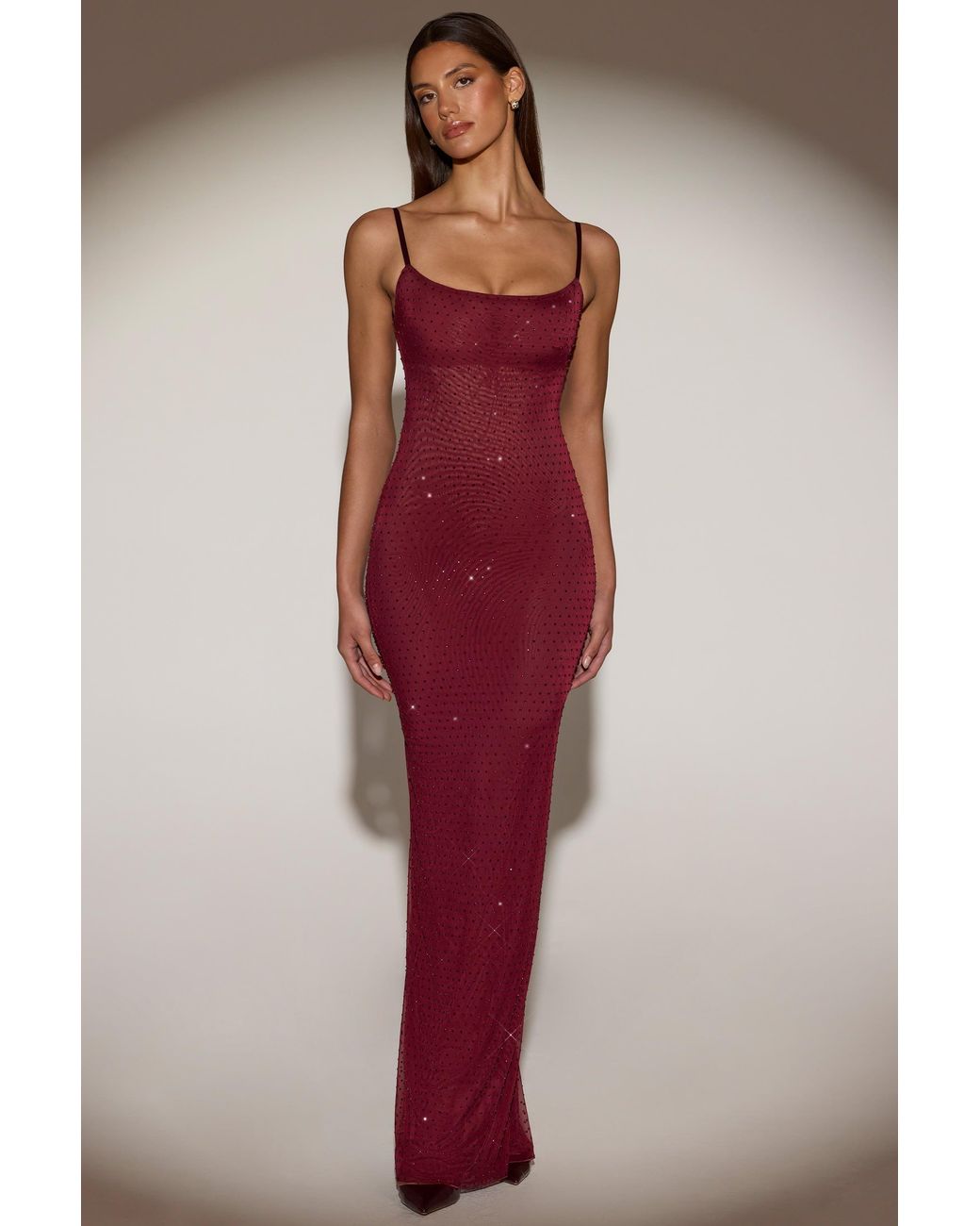 Oh Polly Red Sheer Embellished Backless Maxi Dress