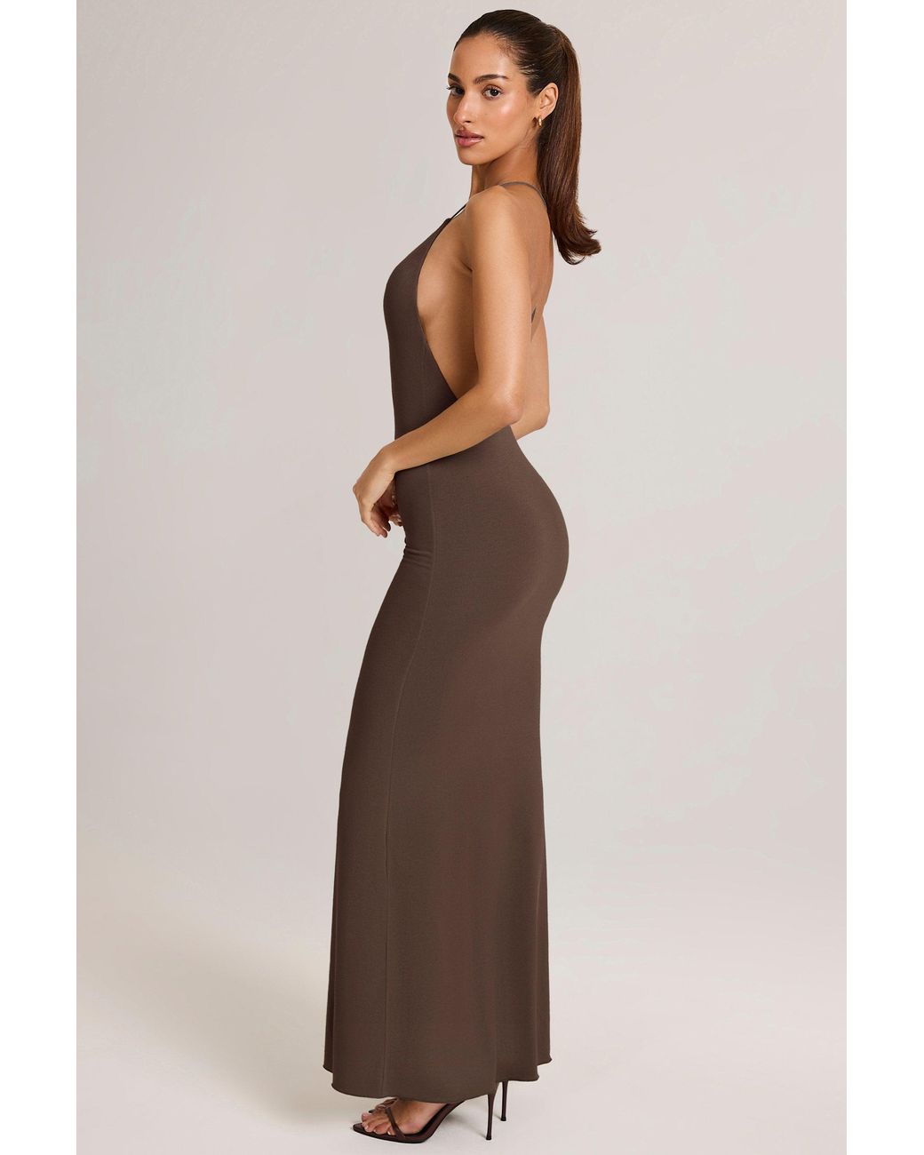 Oh Polly Brown Modal Plunge Backless Maxi Dress