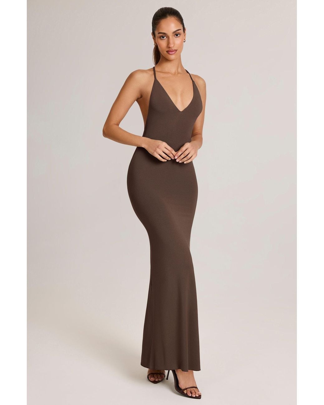 Oh Polly Brown Modal Plunge Backless Maxi Dress