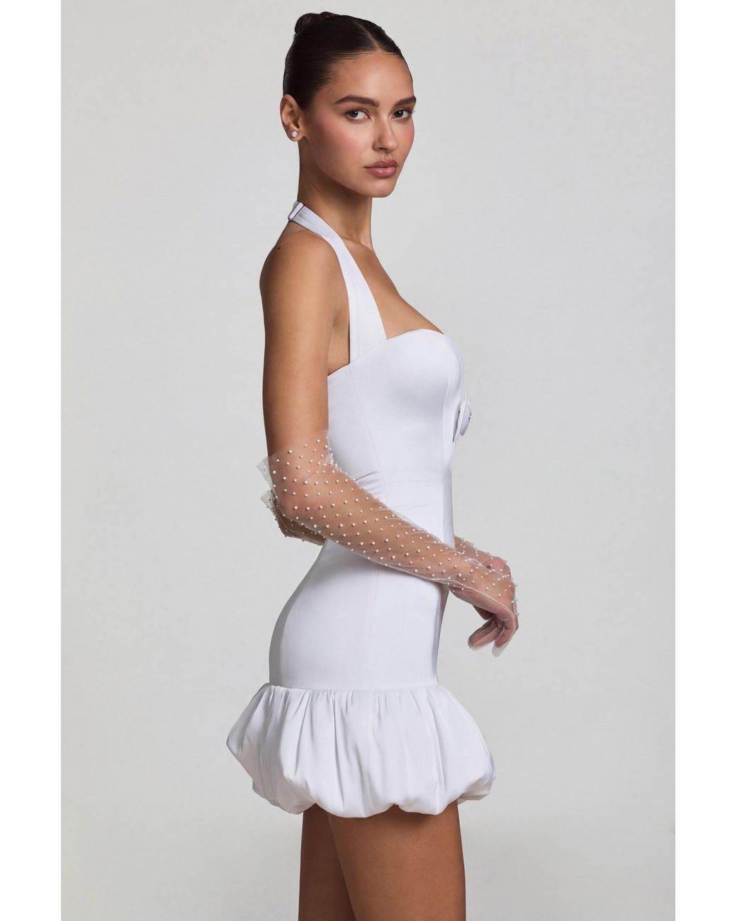 Oh Polly White Bow-Detail Halterneck Bubble Hem Mini Dress