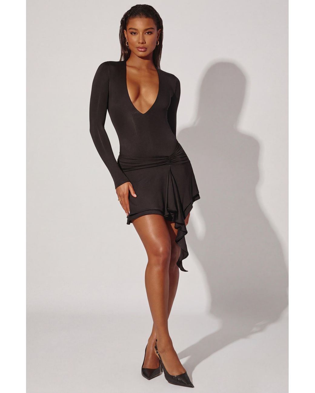 Oh Polly Black Plunge Neck Long Sleeve Mini Dress