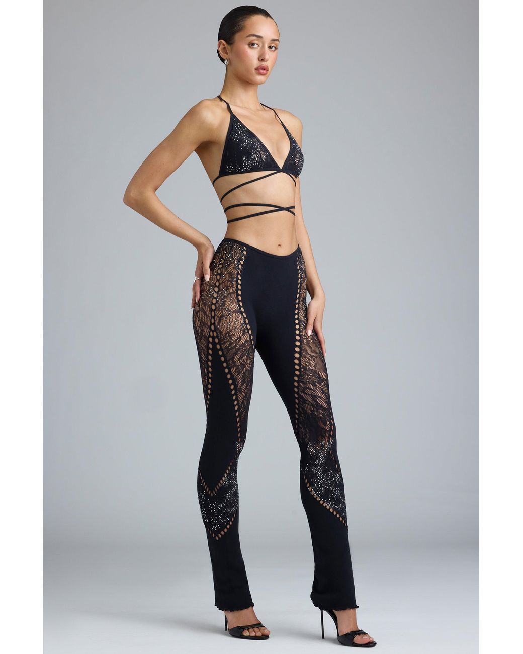 Oh Polly Black Embellished Mid-Rise Flared Trousers