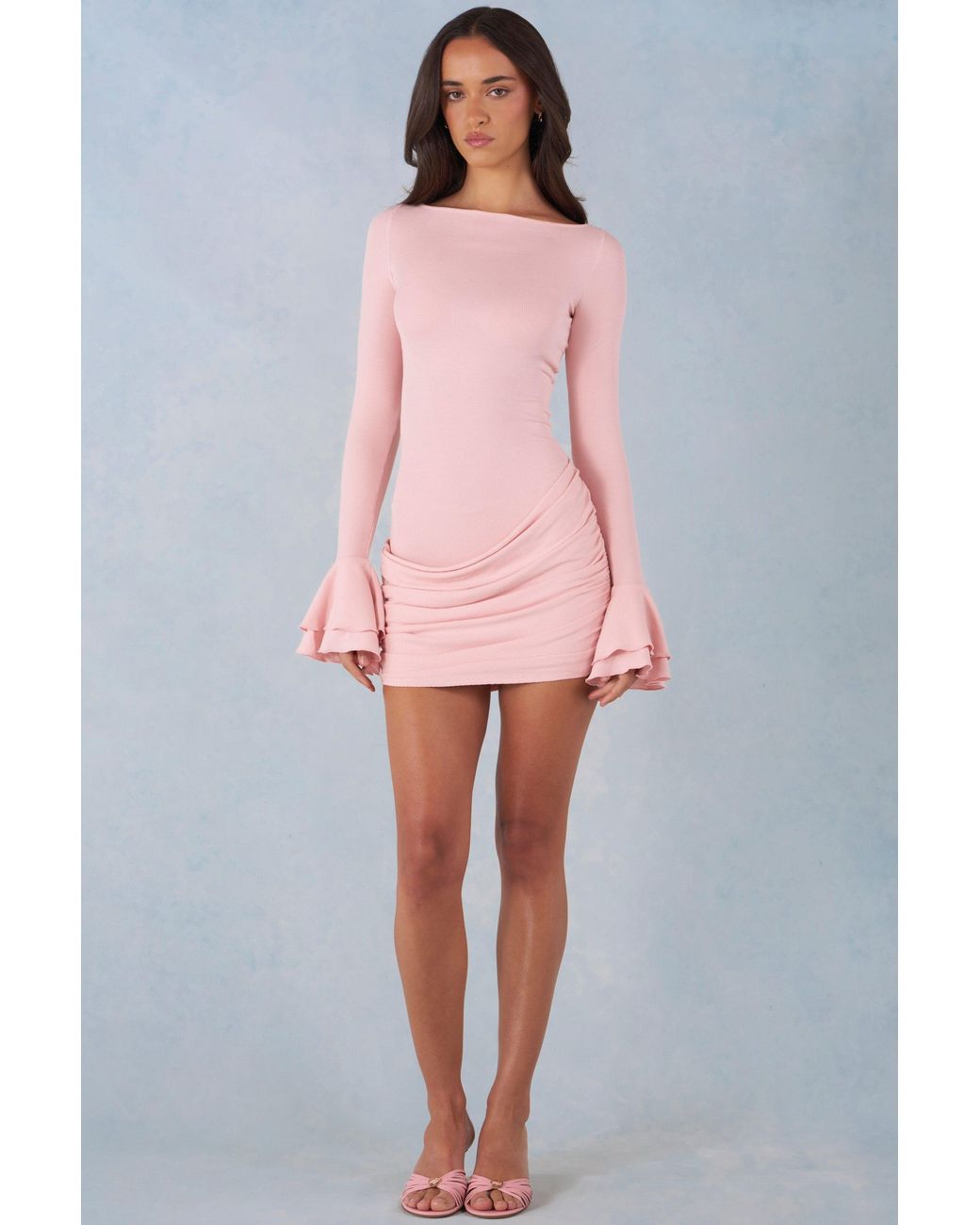 Oh Polly Pink Ribbed Modal Long-Sleeve Draped Mini Dress