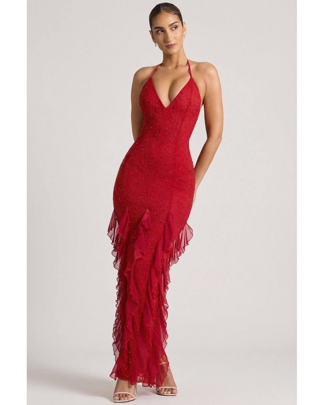 Oh Polly Red Embellished Halter Neck Ruffle Maxi Dress