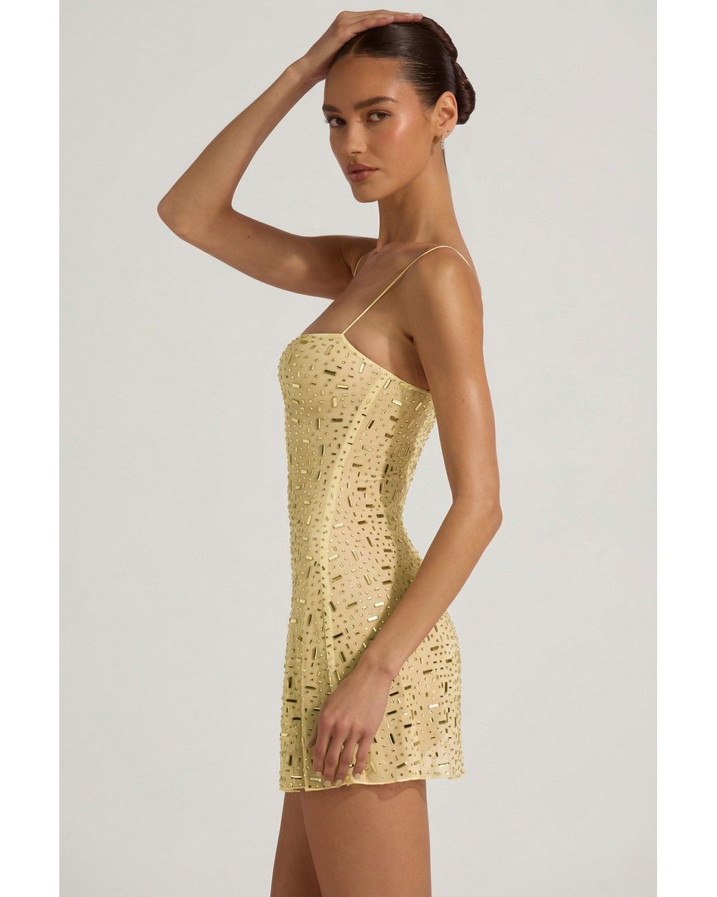 Oh Polly Yellow Sheer Embellished Square-Neck Mini Dress