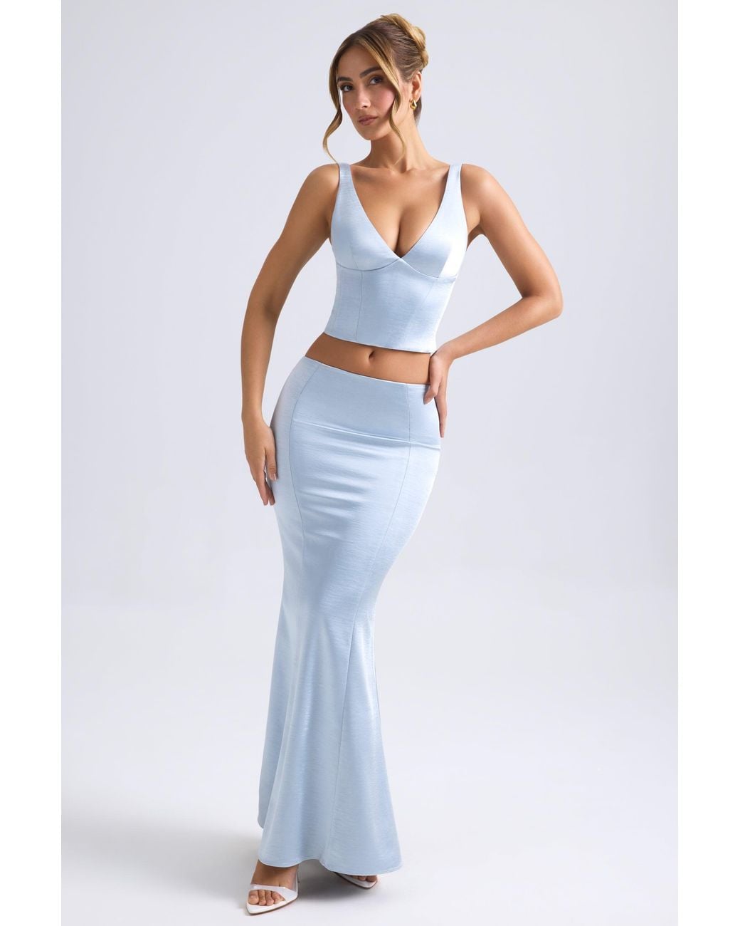 Oh Polly Blue Mid-Rise Fishtail Maxi Skirt