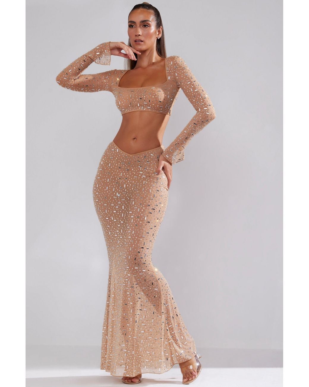 Oh Polly Natural Sheer Embellished V-Waist Maxi Skirt