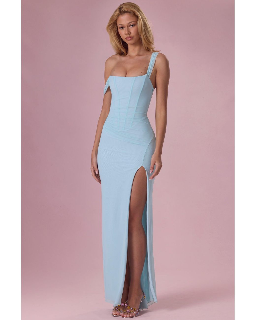 Oh Polly Blue Mesh Draped Corset Gown