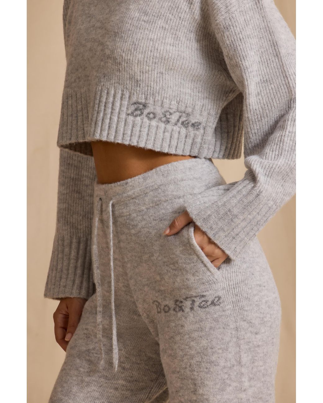 BO+TEE Gray Ribbed Knit Mid-Rise Wide-Leg Joggers