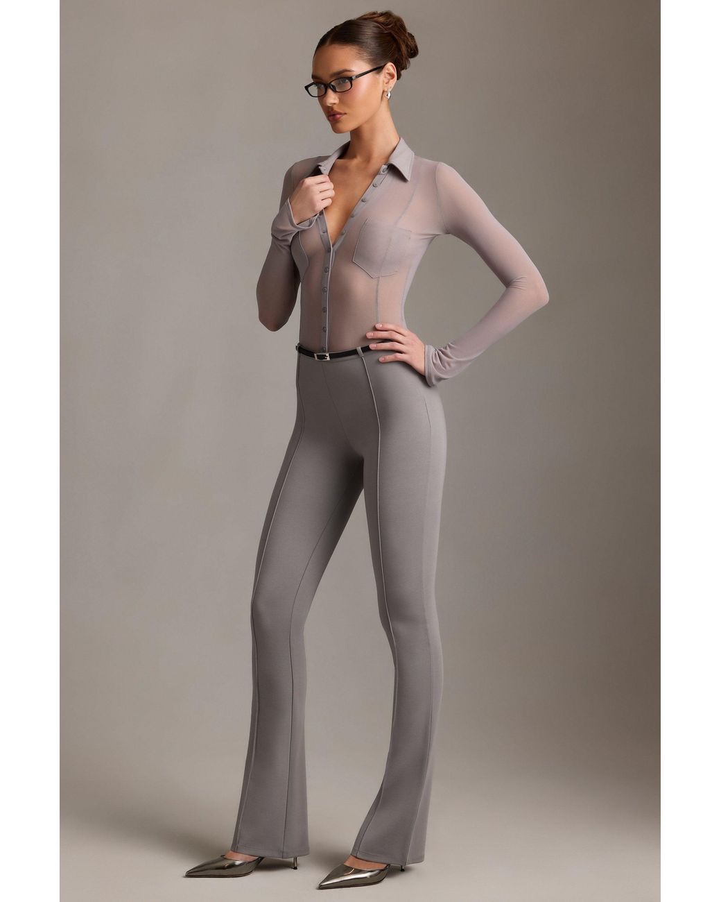Oh Polly Gray Low-Rise Flared Trousers