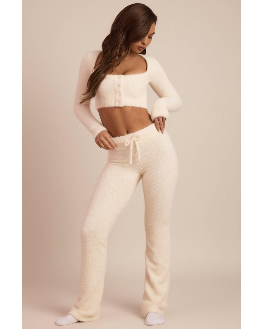 Oh Polly White Fluffy Knit Wide-Leg Trousers