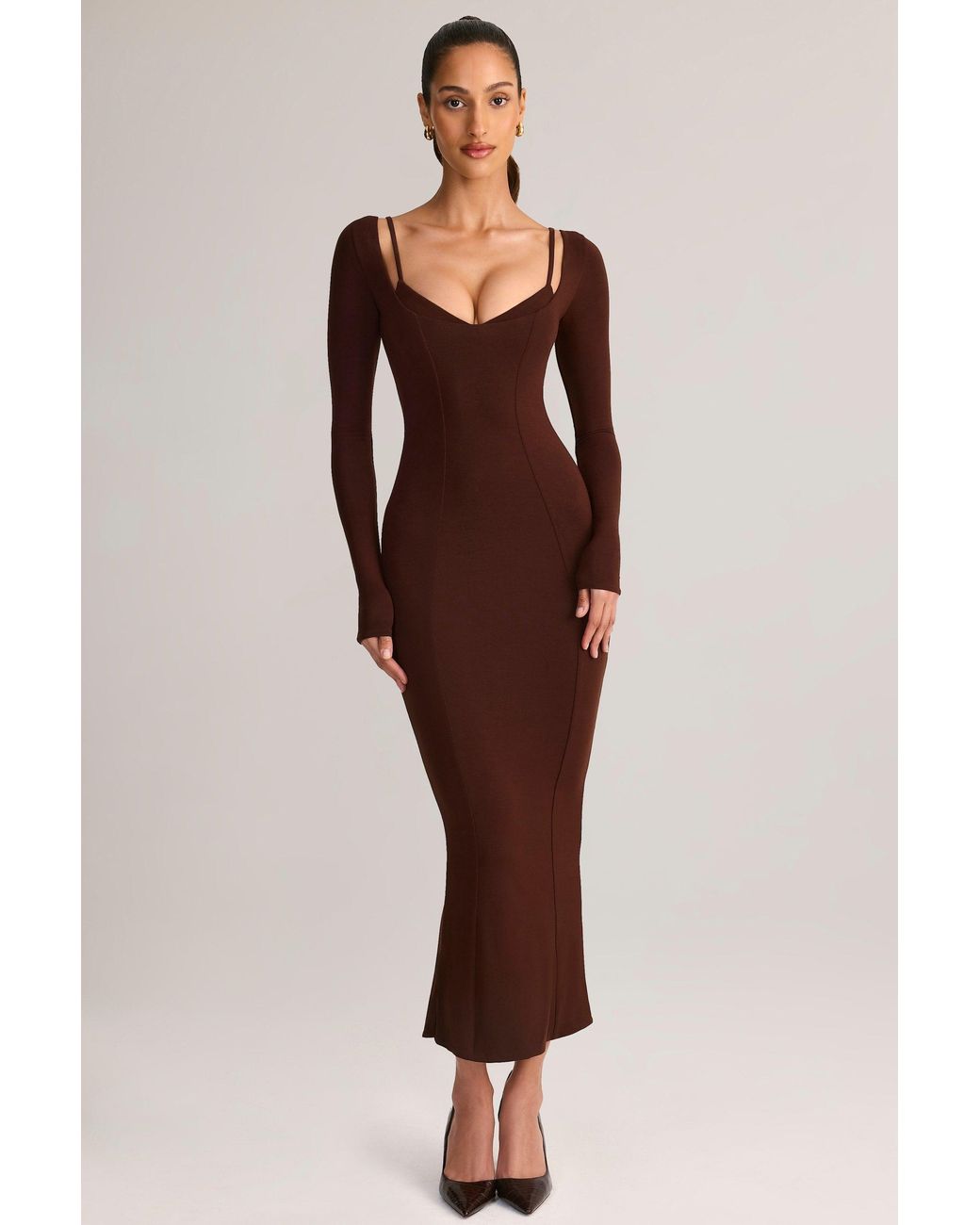 Oh Polly Brown Modal Peekaboo Long-Sleeve Midi Dress