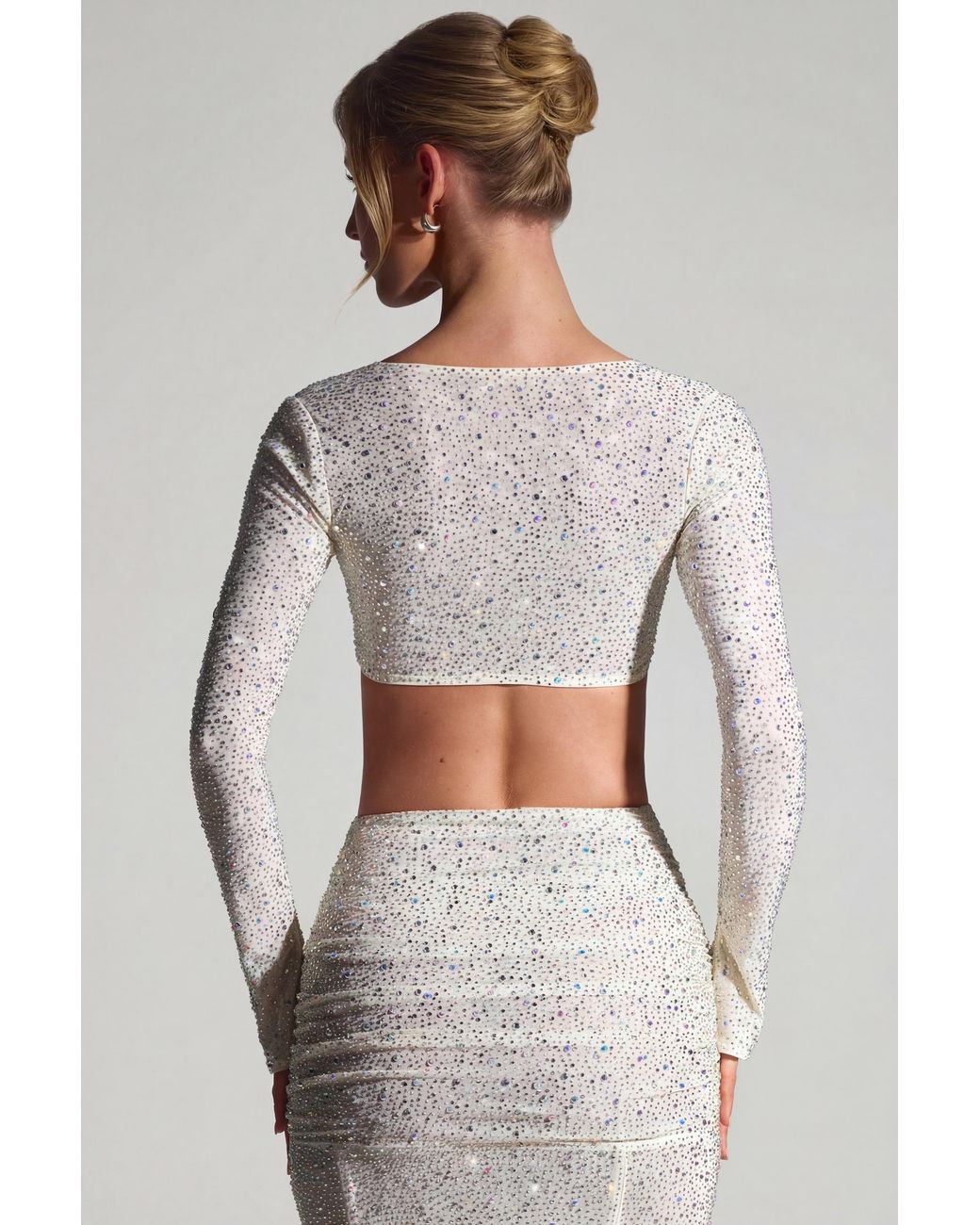 Oh Polly White Embellished Long-Sleeve Crop Top