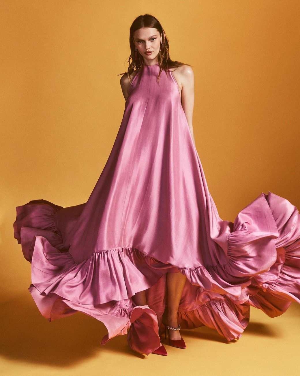 Azeeza Sadie Tiered Halterneck Silk Gown in Pink | Lyst
