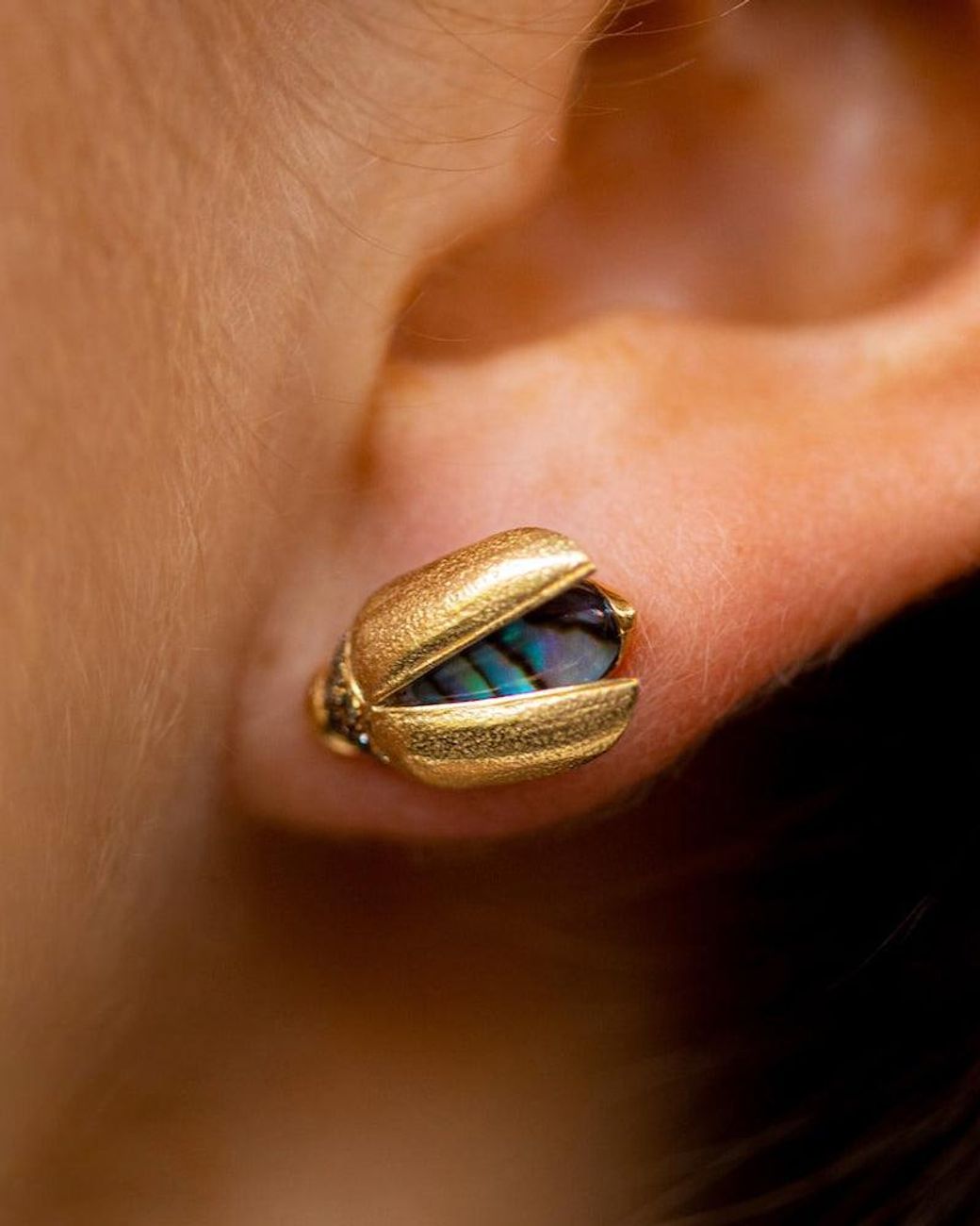 Bibi Van Der Velden Metallic Abalone & Quartz Mini Scarab Fly Wing Stud Earring