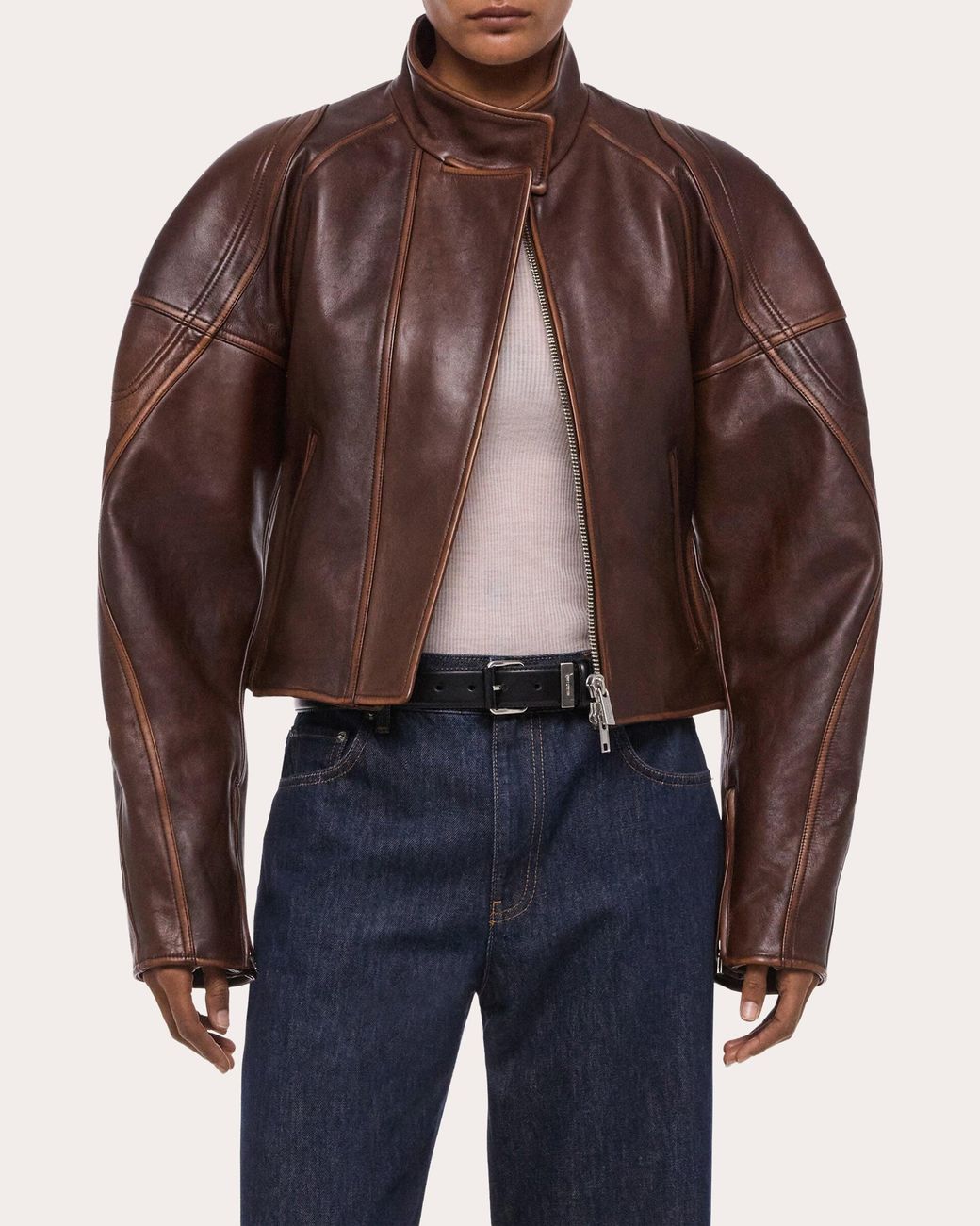 Helmut Lang Blue Leather Cropped Saddle Jacket