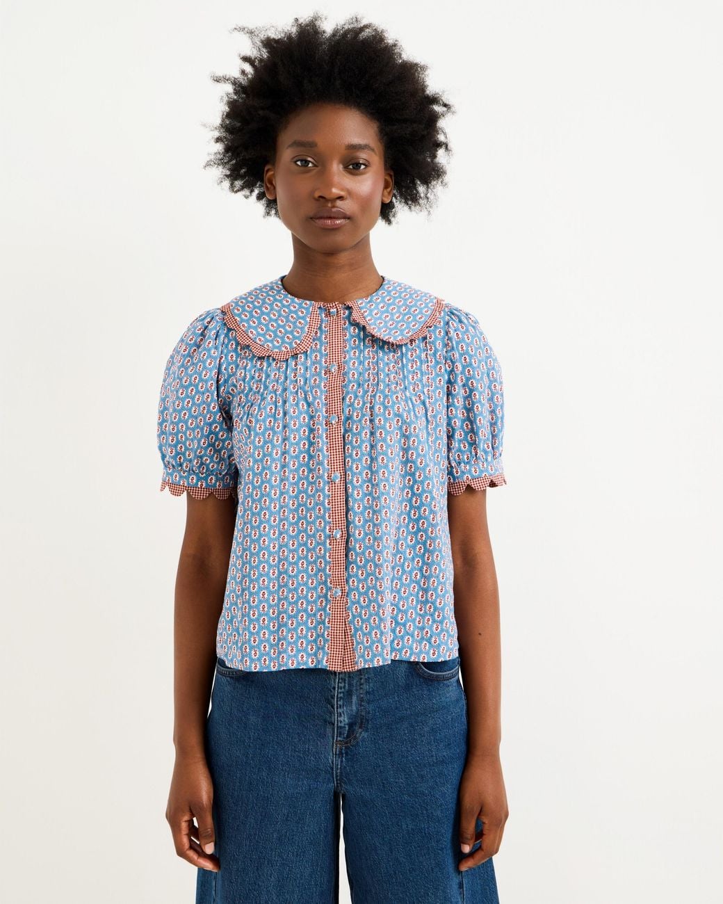 Oliver Bonas Blue & Brown Ditsy Floral Scalloped Collar Cotton Blouse, Size 10