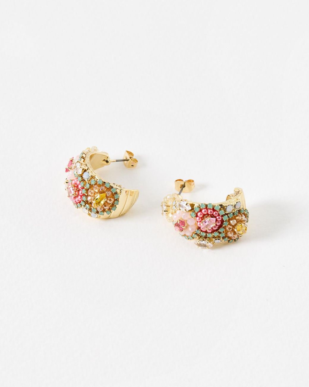 Oliver Bonas White Lydia Pink & Green Beaded Flower Hoop Earrings