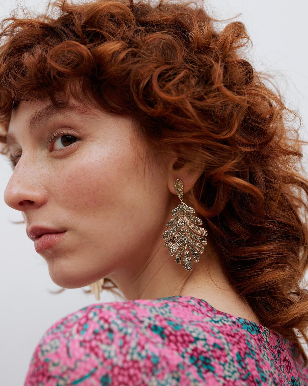 Oliver Bonas Brown Onda Textured Leaf Gold Drop Earrings