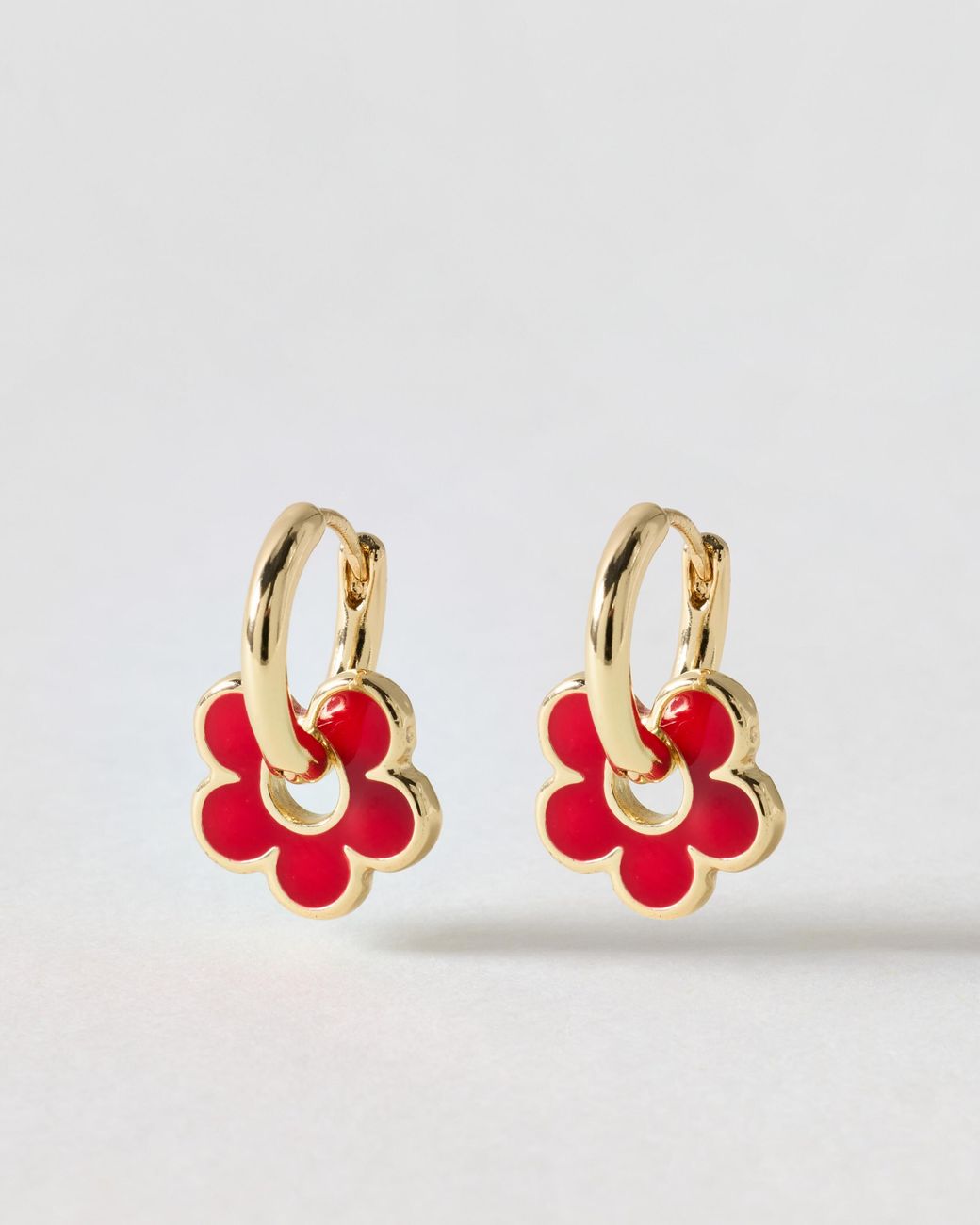 Oliver Bonas Red Dara Enamel Flower Charm Hoop Earrings
