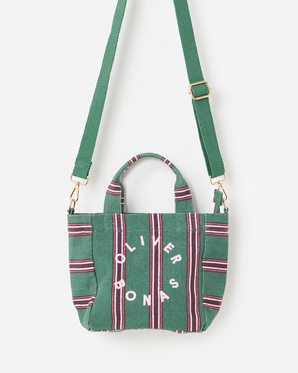 Oliver Bonas Green & Striped Logo Fabric Mini Tote Crossbody Bag