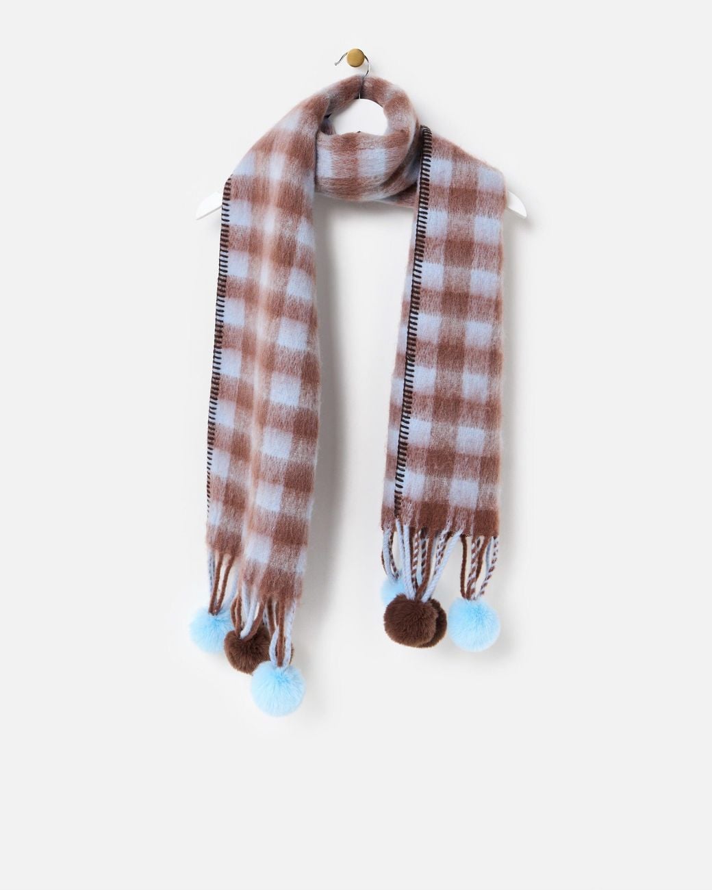 Oliver Bonas White Blue & Checked Pom Pom Scarf