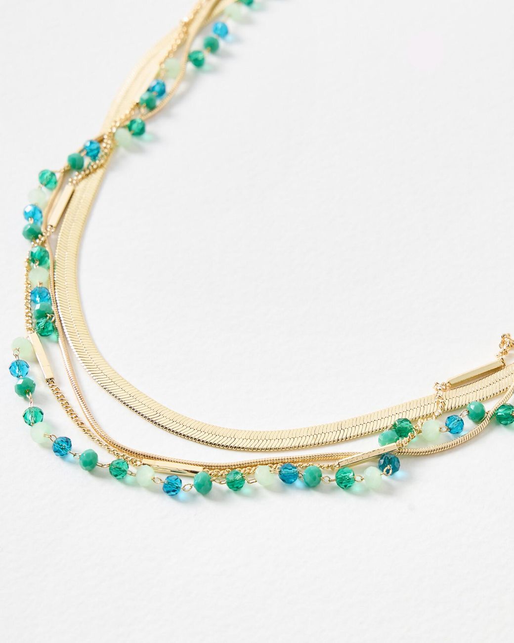 Oliver Bonas Blue Bea Green & Gold Beaded Layered Necklace