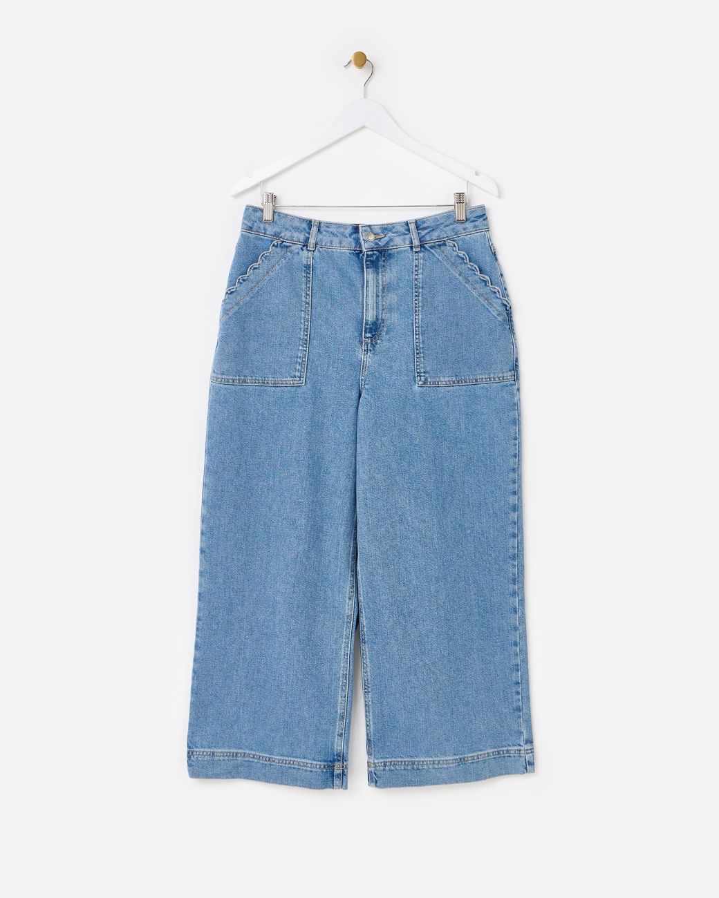 Oliver Bonas Blue Denim Scalloped Pocket Cropped Wide Leg Jeans, Size 10