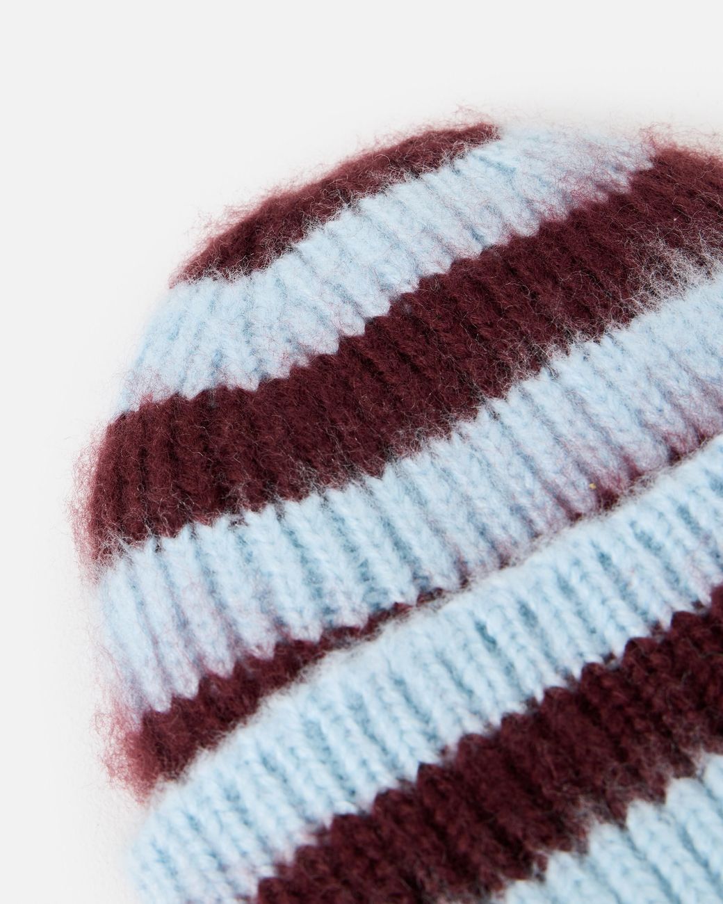 Oliver Bonas White Blue & Burgundy Striped Fluffy Knitted Beanie Hat