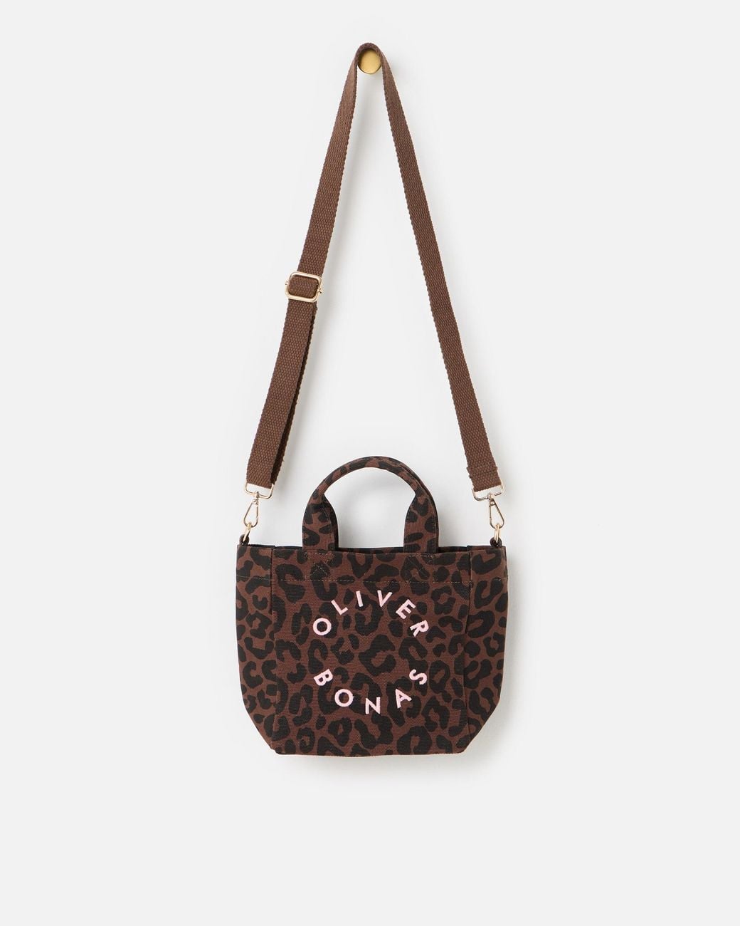 Oliver Bonas White Leopard Print Logo Fabric Mini Tote Crossbody Bag