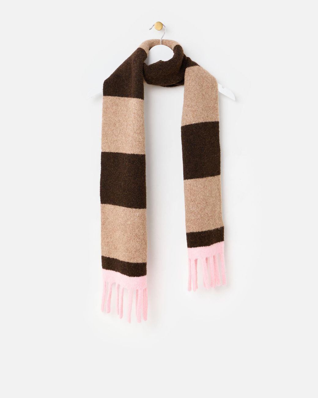 Oliver Bonas Brown Striped & Pink Tassel Trim Knitted Scarf
