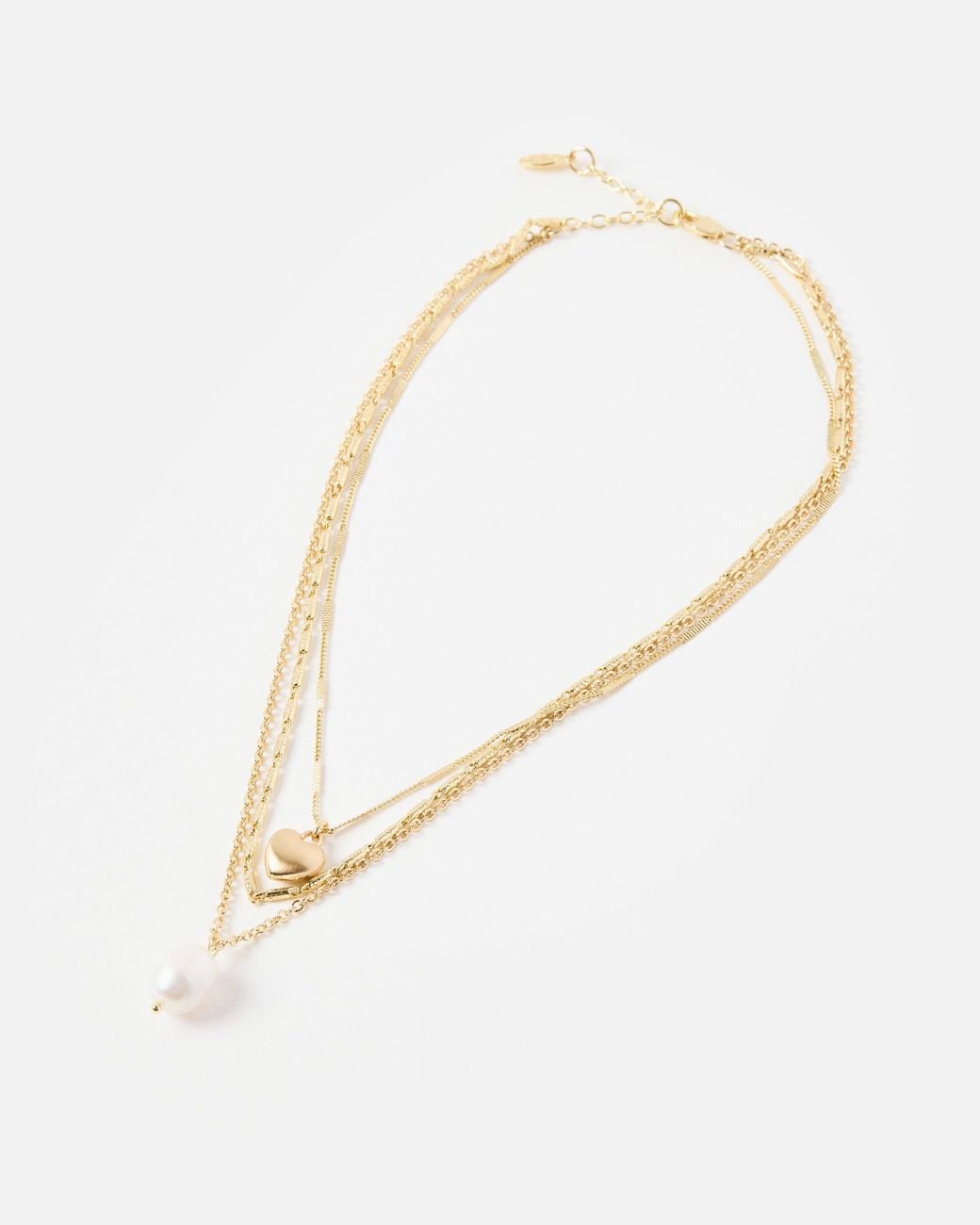 Oliver Bonas White Paige Freshwater Pearl & Heart Tone Triple Chain Necklace